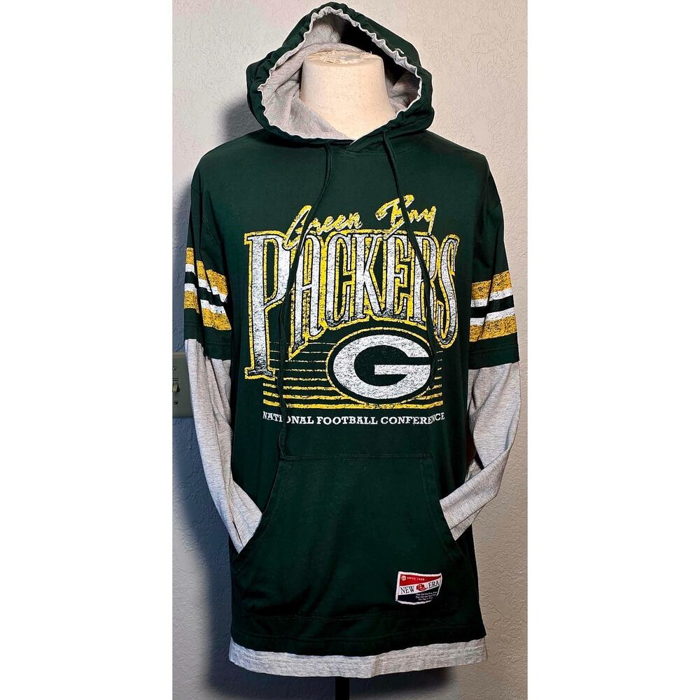 New Era Green Bay Packers Hooded Long Sleeve Shirt XL Throwback NFL